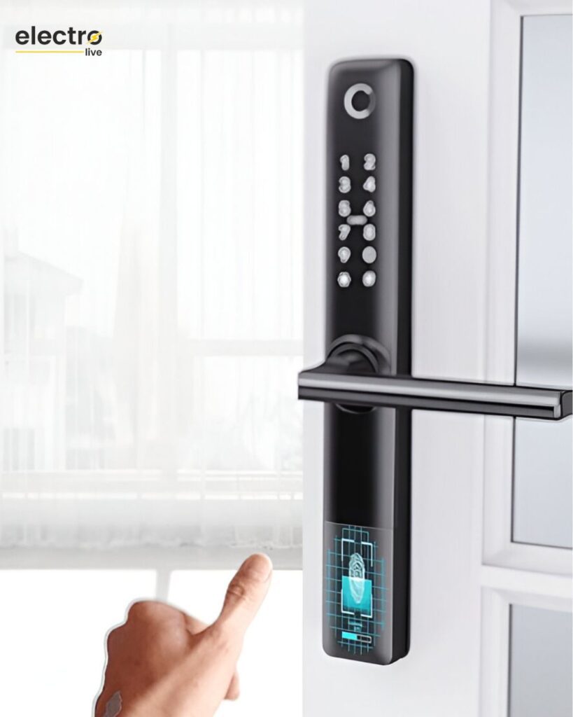 Digital smart lock on a main door with keypad and fingerprint scanner