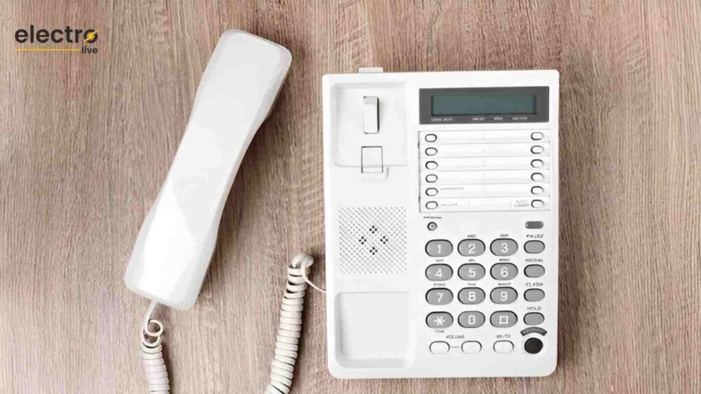 White landline phone placed on a wooden table ready for connection